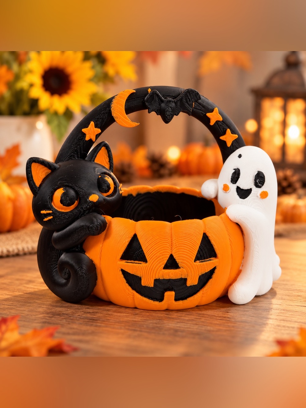 Halloween Pumpkin Treat Basket with Black Cat & White Ghost